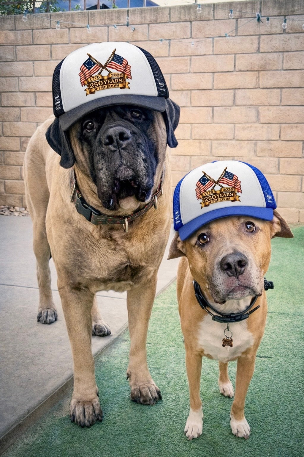 250 Years of Freedom Flag Badge Trucker Hat | Patriotic Dog Foam Cap