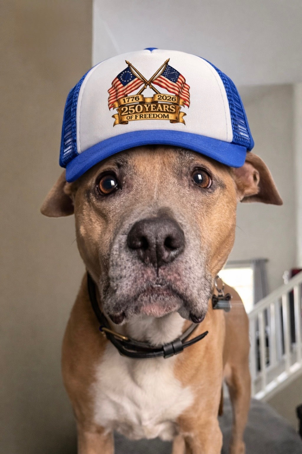 250 Years of Freedom Flag Badge Trucker Hat | Patriotic Dog Foam Cap