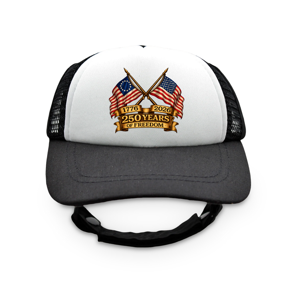 250 Years of Freedom Flag Badge Trucker Hat | Patriotic Dog Foam Cap