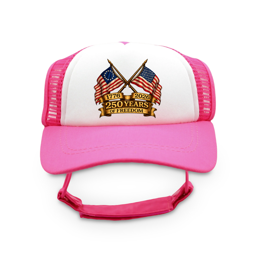 250 Years of Freedom Flag Badge Trucker Hat | Patriotic Dog Foam Cap