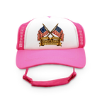 250 Years of Freedom Flag Badge Trucker Hat | Patriotic Dog Foam Cap
