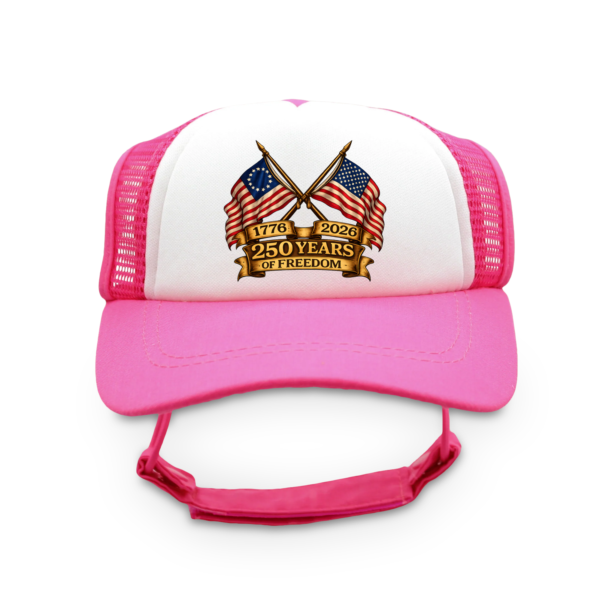 250 Years of Freedom Flag Badge Trucker Hat | Patriotic Dog Foam Cap