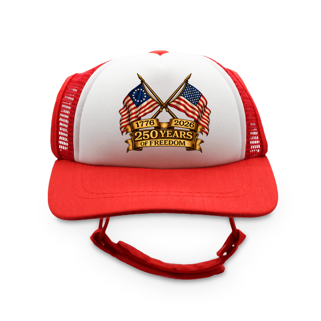 250 Years of Freedom Flag Badge Trucker Hat | Patriotic Dog Foam Cap