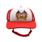 250 Years of Freedom Flag Badge Trucker Hat | Patriotic Dog Foam Cap