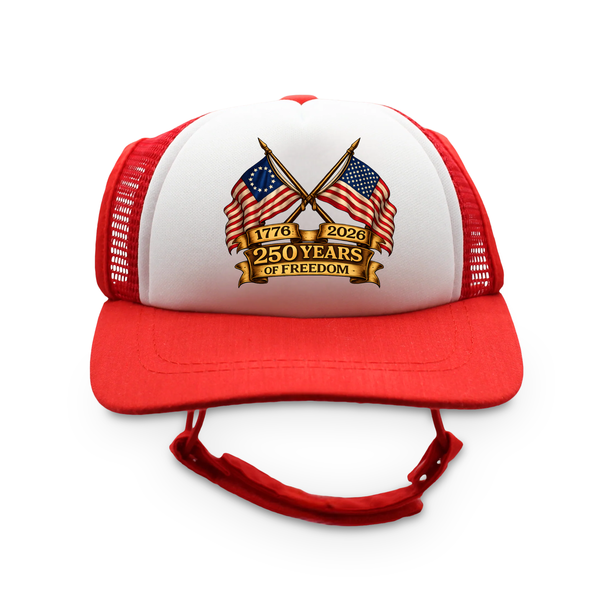250 Years of Freedom Flag Badge Trucker Hat | Patriotic Dog Foam Cap