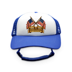 250 Years of Freedom Flag Badge Trucker Hat | Patriotic Dog Foam Cap