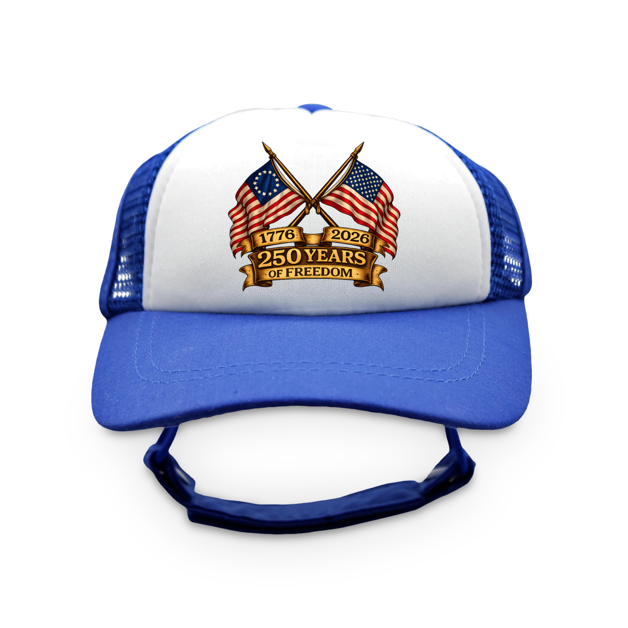 250 Years of Freedom Flag Badge Trucker Hat | Patriotic Dog Foam Cap
