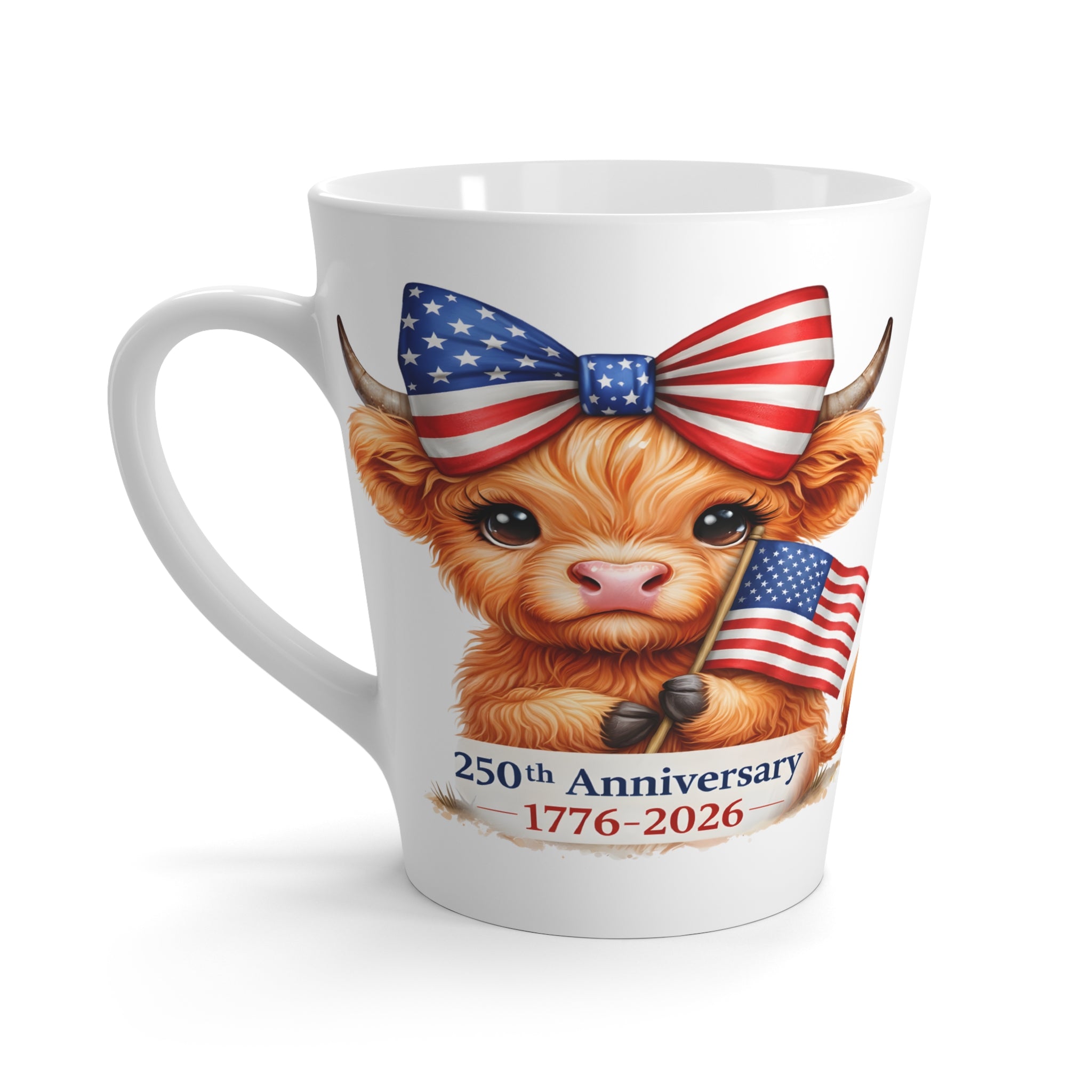 Patriotic Highland Cow Latte Mug | American Flag Bandana, 4th of July Cow